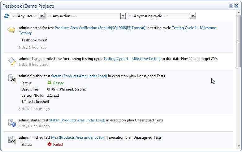 Testbook realtime postings for all test activities